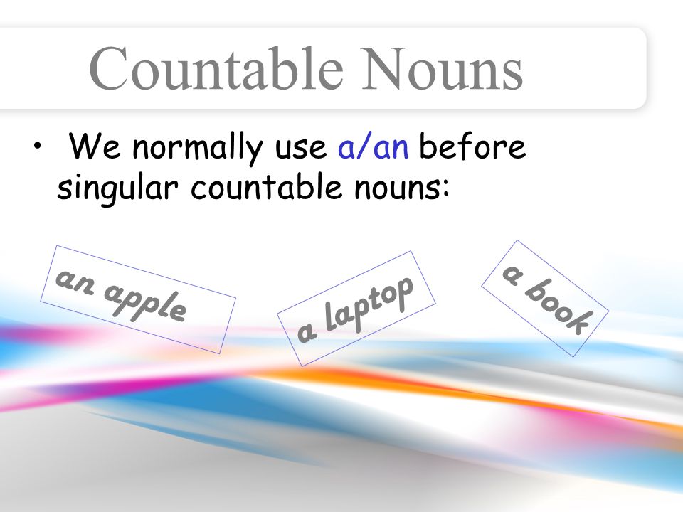 Countable Nouns We normally use a/an before singular countable nouns: an apple a laptop a book