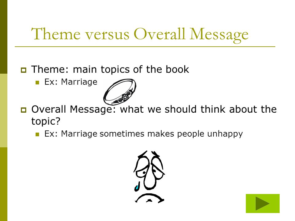 Theme versus Overall Message  Theme: main topics of the book Ex: Marriage  Overall Message: what we should think about the topic.