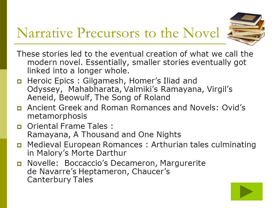 Narrative Precursors to the Novel These stories led to the eventual creation of what we call the modern novel.
