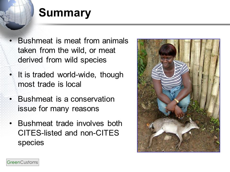 Summary Bushmeat is meat from animals taken from the wild, or meat derived from wild species It is traded world-wide, though most trade is local Bushmeat is a conservation issue for many reasons Bushmeat trade involves both CITES-listed and non-CITES species