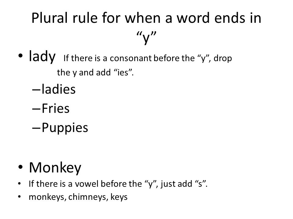 Plural rule for when a word ends in y lady If there is a consonant before the y , drop the y and add ies .