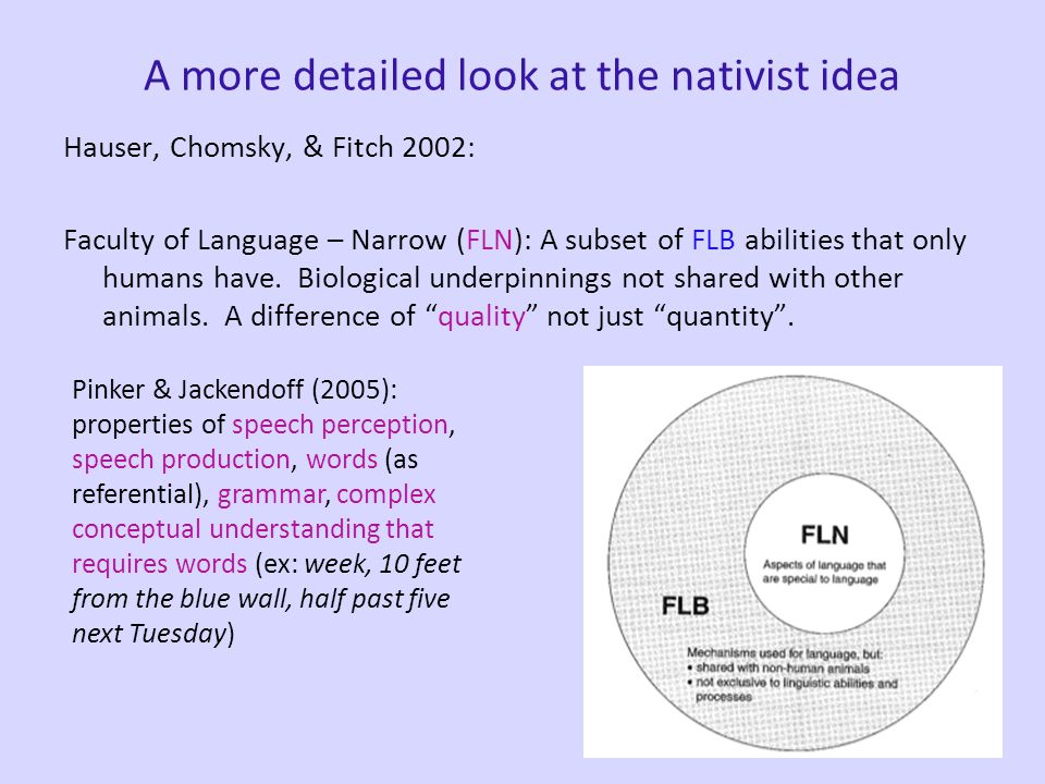 A more detailed look at the nativist idea Hauser, Chomsky, & Fitch 2002: Faculty of Language – Broad (FLB): biological capacity for acquiring language that humans have and other animals don’t.