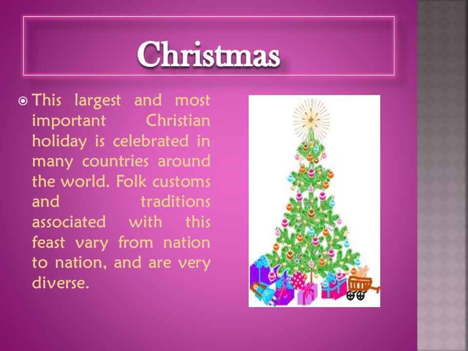  This largest and most important Christian holiday is celebrated in many countries around the world.