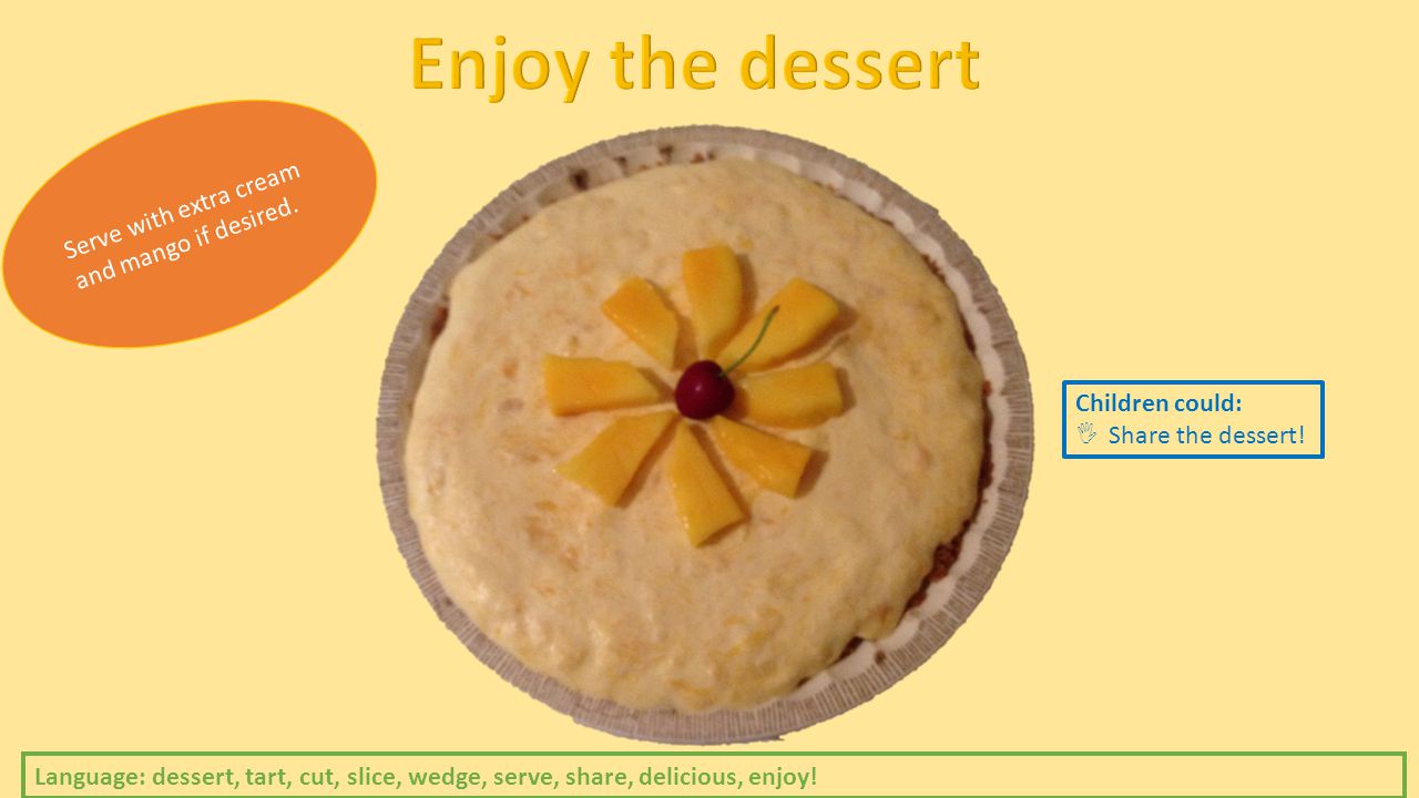 Language: dessert, tart, cut, slice, wedge, serve, share, delicious, enjoy.