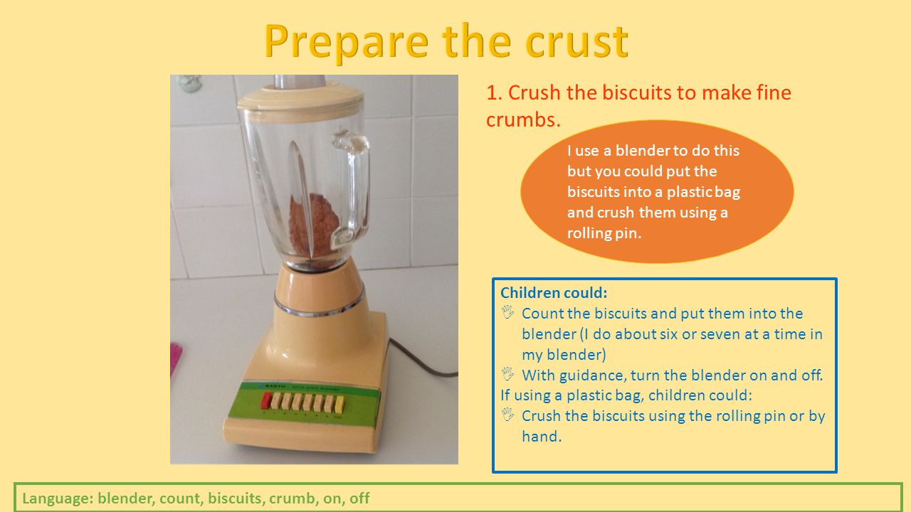 1. Crush the biscuits to make fine crumbs.