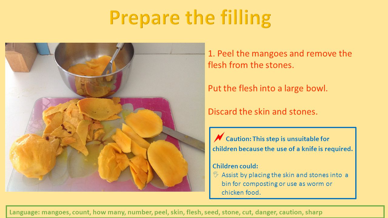 1. Peel the mangoes and remove the flesh from the stones.