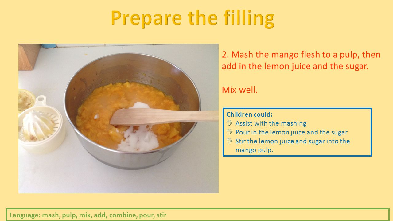 2. Mash the mango flesh to a pulp, then add in the lemon juice and the sugar.