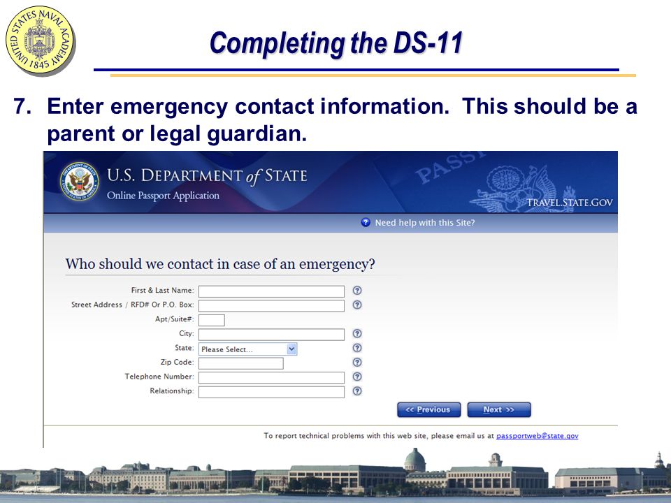Completing the DS-11 7.Enter emergency contact information.