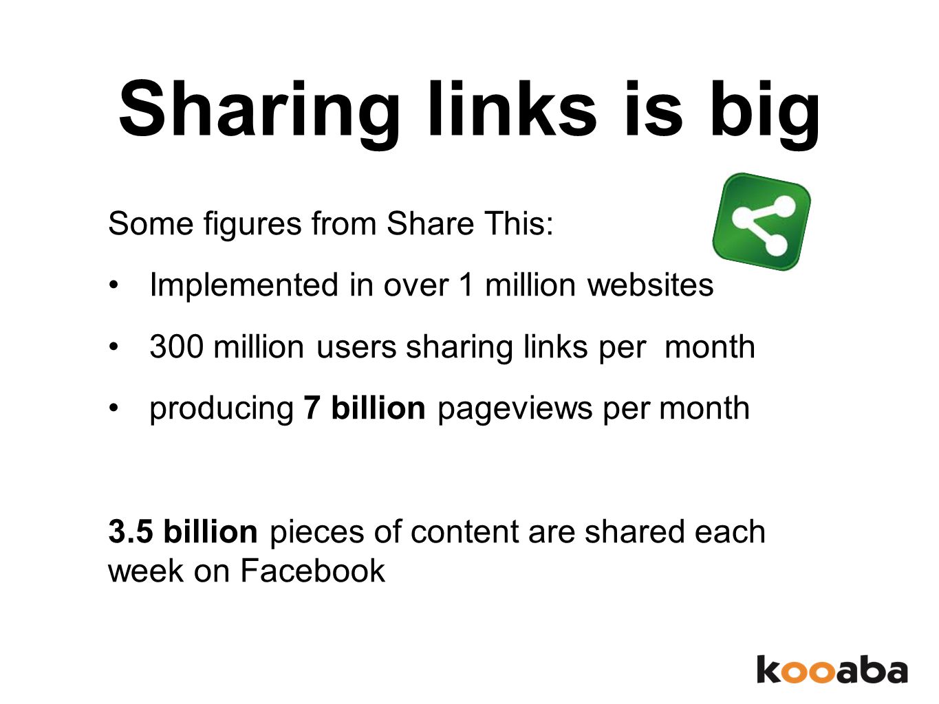 Sharing links is big Some figures from Share This: Implemented in over 1 million websites 300 million users sharing links per month producing 7 billion pageviews per month 3.5 billion pieces of content are shared each week on Facebook