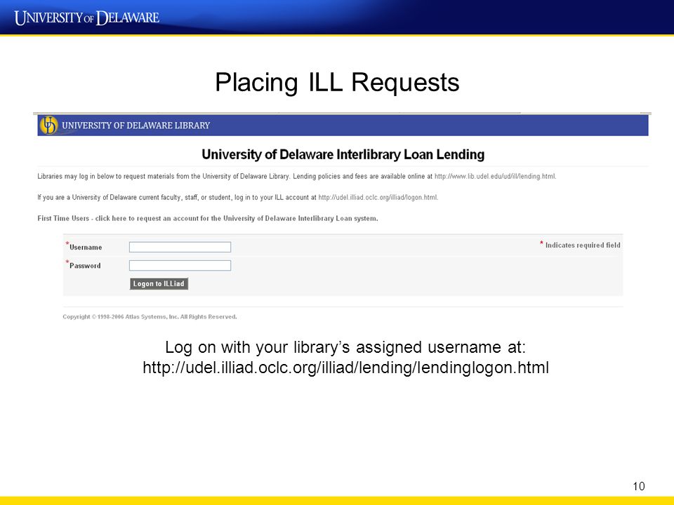 Placing ILL Requests 10 Log on with your library’s assigned username at: