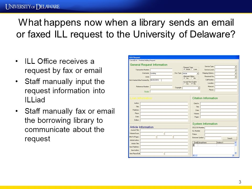 What happens now when a library sends an  or faxed ILL request to the University of Delaware.