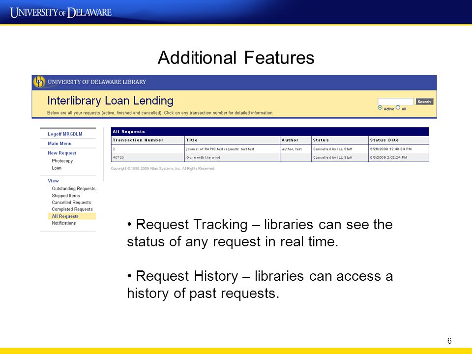 Additional Features 6 Request Tracking – libraries can see the status of any request in real time.