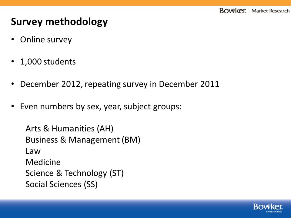 Survey methodology Online survey 1,000 students December 2012, repeating survey in December 2011 Even numbers by sex, year, subject groups: Arts & Humanities (AH) Business & Management (BM) Law Medicine Science & Technology (ST) Social Sciences (SS)