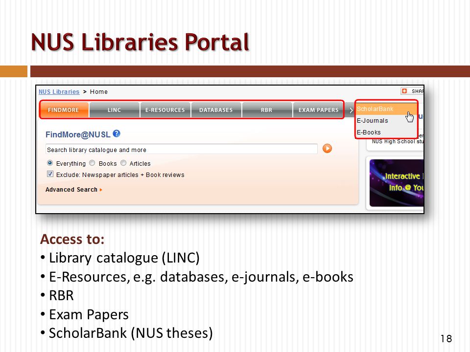 Access to: Library catalogue (LINC) E-Resources, e.g.