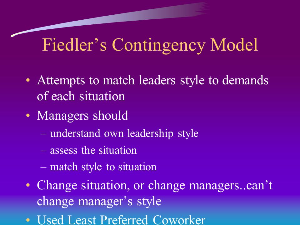 Fiedler’s Contingency Model Attempts to match leaders style to demands of each situation Managers should –understand own leadership style –assess the situation –match style to situation Change situation, or change managers..can’t change manager’s style Used Least Preferred Coworker