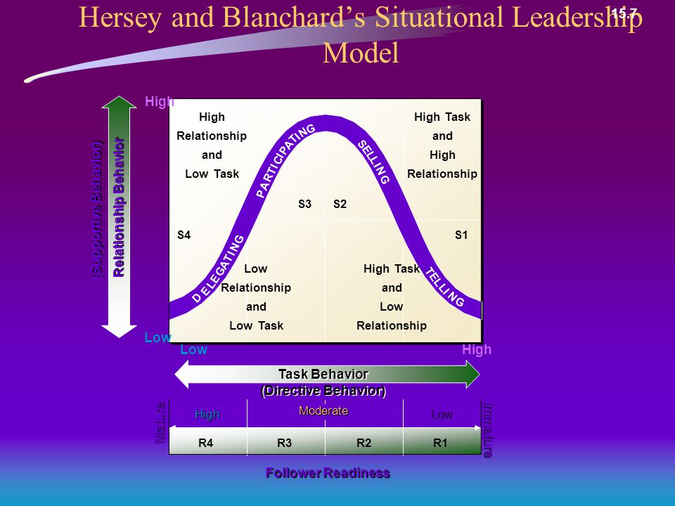 Hersey and Blanchard’s Situational Leadership Model Follower Readiness Mature Immature Relationship Behavior (Supportive Behavior) R2R1R3R4 S4S1 S3S2 Moderate LowHigh High Relationship and Low Task D E L E G A T I N P A R T I C I P A T I N G S E L L I N G T E L L I N G High Task and High Relationship Low Relationship and Low Task High Task and Low Relationship G Task Behavior (Directive Behavior) HighLow High Low 15.7