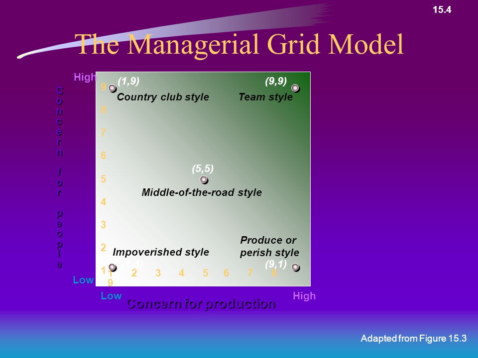 The Managerial Grid Model Adapted from Figure 15.3 Concern for production ConcernConcernforforpeoplepeopleConcernConcernforforpeoplepeople HighLow High Low (5,5) Middle-of-the-road style (9,9) Team style (9,1) Produce or perish style (1,1) Impoverished style (1,9) Country club style 15.4
