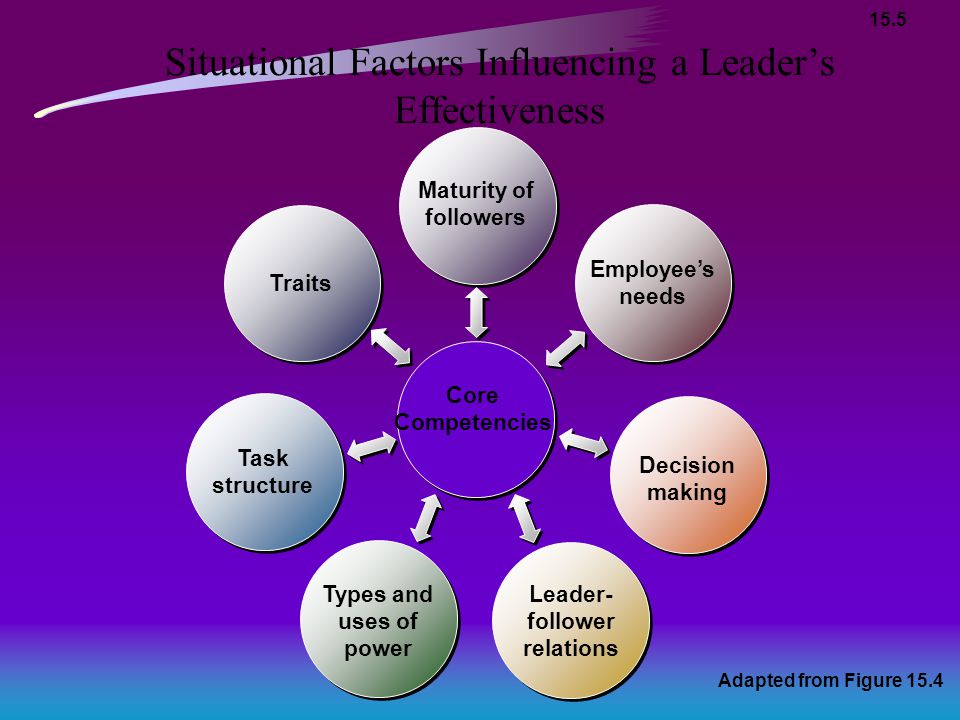Situational Factors Influencing a Leader’s Effectiveness Adapted from Figure 15.4 Core Competencies Maturity of followers Employee’s needs Decision making Leader- follower relations Types and uses of power Task structure Traits 15.5