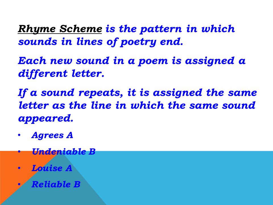 Rhyme Scheme is the pattern in which sounds in lines of poetry end.
