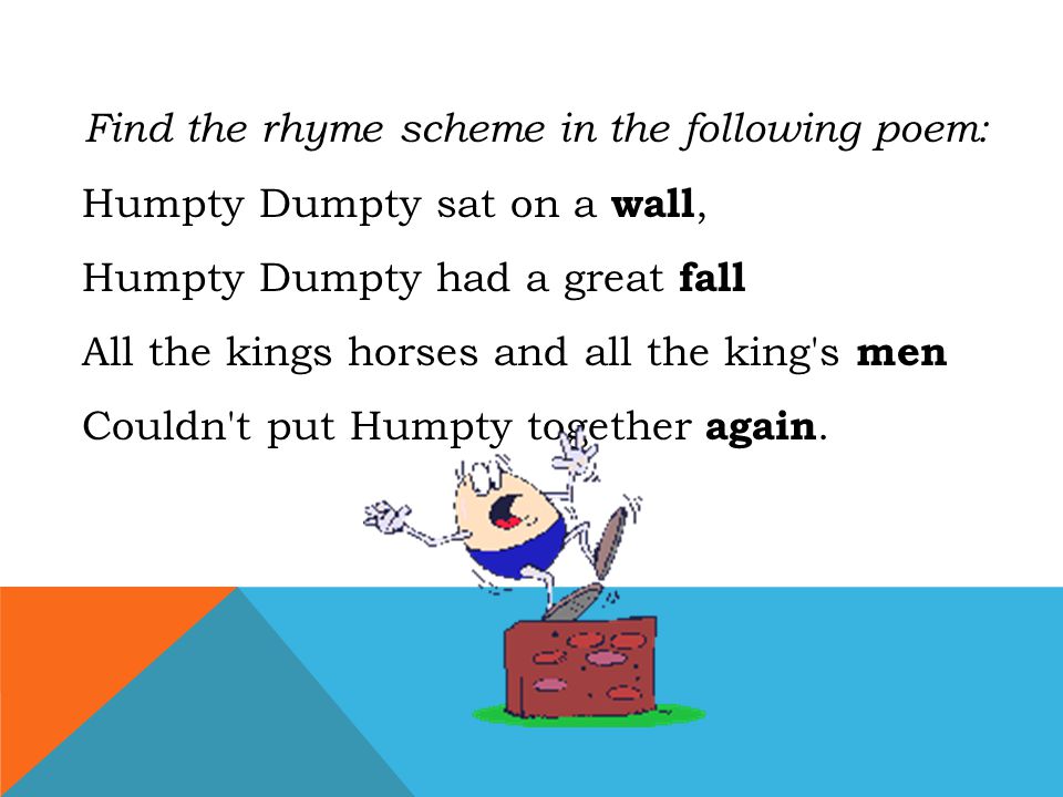 Find the rhyme scheme in the following poem: Humpty Dumpty sat on a wall, Humpty Dumpty had a great fall All the kings horses and all the king s men Couldn t put Humpty together again.