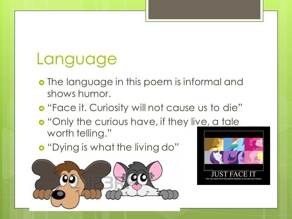 Language  The language in this poem is informal and shows humor.