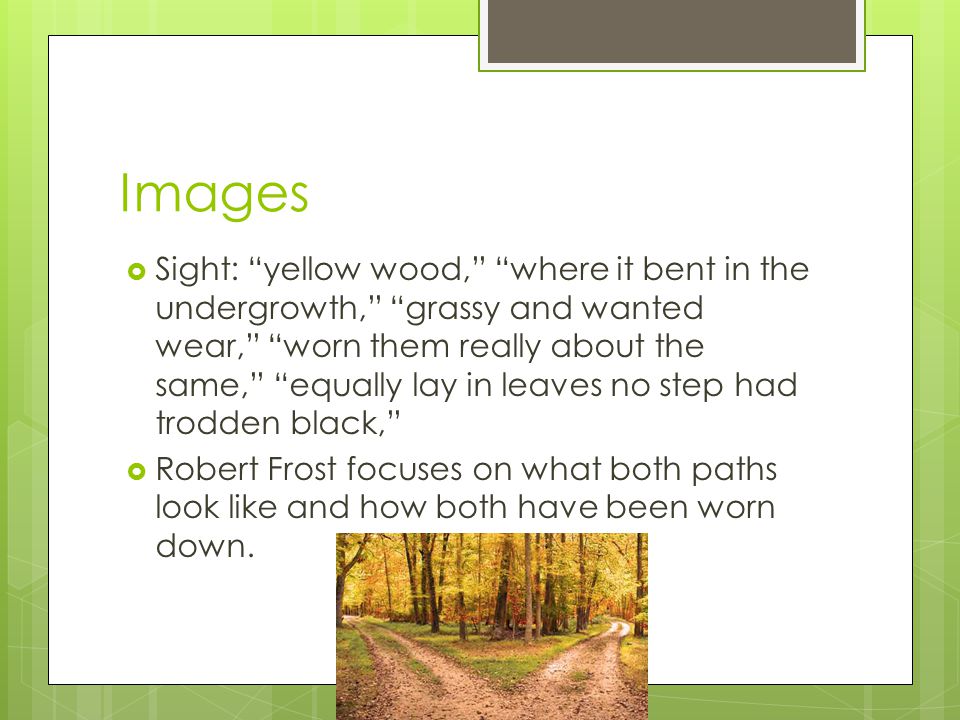 Images  Sight: yellow wood, where it bent in the undergrowth, grassy and wanted wear, worn them really about the same, equally lay in leaves no step had trodden black,  Robert Frost focuses on what both paths look like and how both have been worn down.