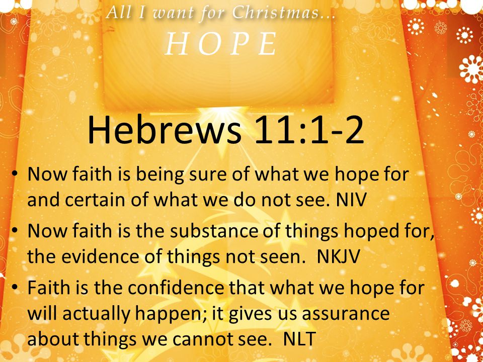 Hebrews 11:1-2 Now faith is being sure of what we hope for and certain of what we do not see.