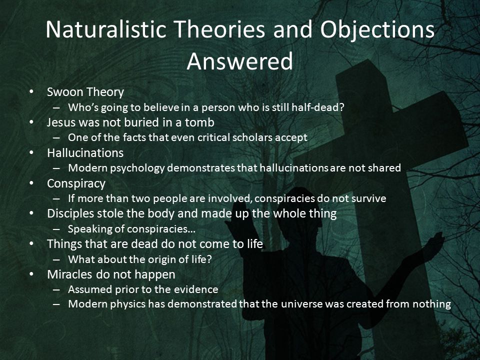 Naturalistic Theories and Objections Answered Swoon Theory – Who’s going to believe in a person who is still half-dead.
