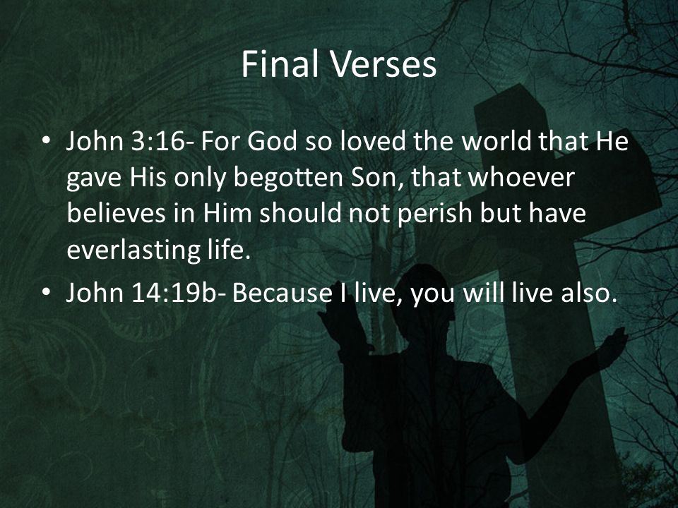 Final Verses John 3:16- For God so loved the world that He gave His only begotten Son, that whoever believes in Him should not perish but have everlasting life.