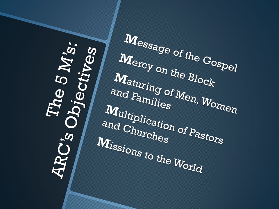 The 5 M’s: ARC’s Objectives M essage of the Gospel M ercy on the Block M aturing of Men, Women and Families M ultiplication of Pastors and Churches M issions to the World