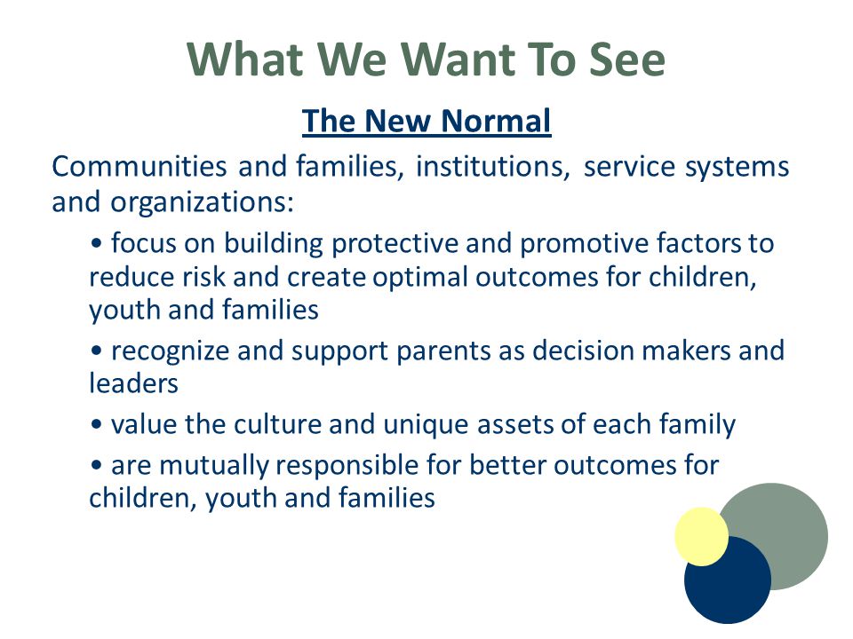 What We Want To See The New Normal Communities and families, institutions, service systems and organizations: focus on building protective and promotive factors to reduce risk and create optimal outcomes for children, youth and families recognize and support parents as decision makers and leaders value the culture and unique assets of each family are mutually responsible for better outcomes for children, youth and families