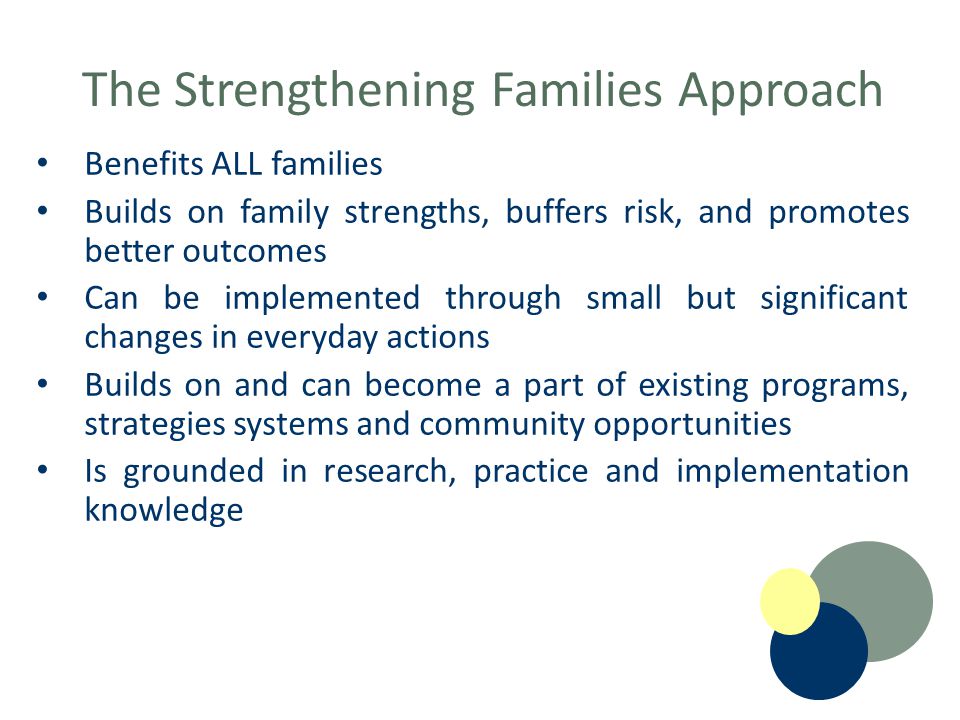The Strengthening Families Approach Benefits ALL families Builds on family strengths, buffers risk, and promotes better outcomes Can be implemented through small but significant changes in everyday actions Builds on and can become a part of existing programs, strategies systems and community opportunities Is grounded in research, practice and implementation knowledge
