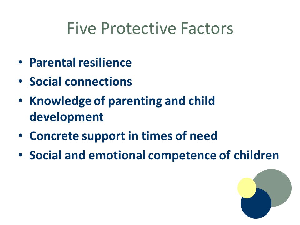 Five Protective Factors Parental resilience Social connections Knowledge of parenting and child development Concrete support in times of need Social and emotional competence of children