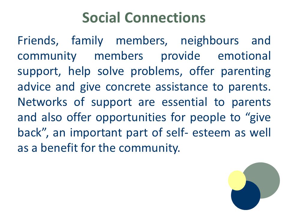 Social Connections Friends, family members, neighbours and community members provide emotional support, help solve problems, offer parenting advice and give concrete assistance to parents.
