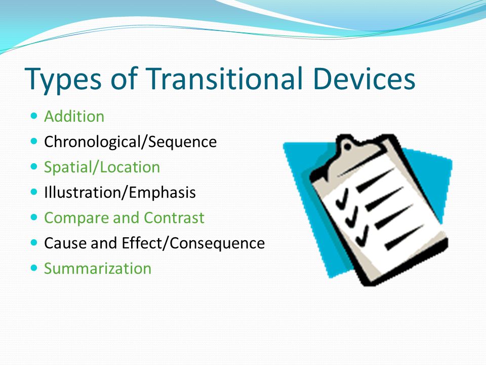 Types of Transitional Devices Addition Chronological/Sequence Spatial/Location Illustration/Emphasis Compare and Contrast Cause and Effect/Consequence Summarization