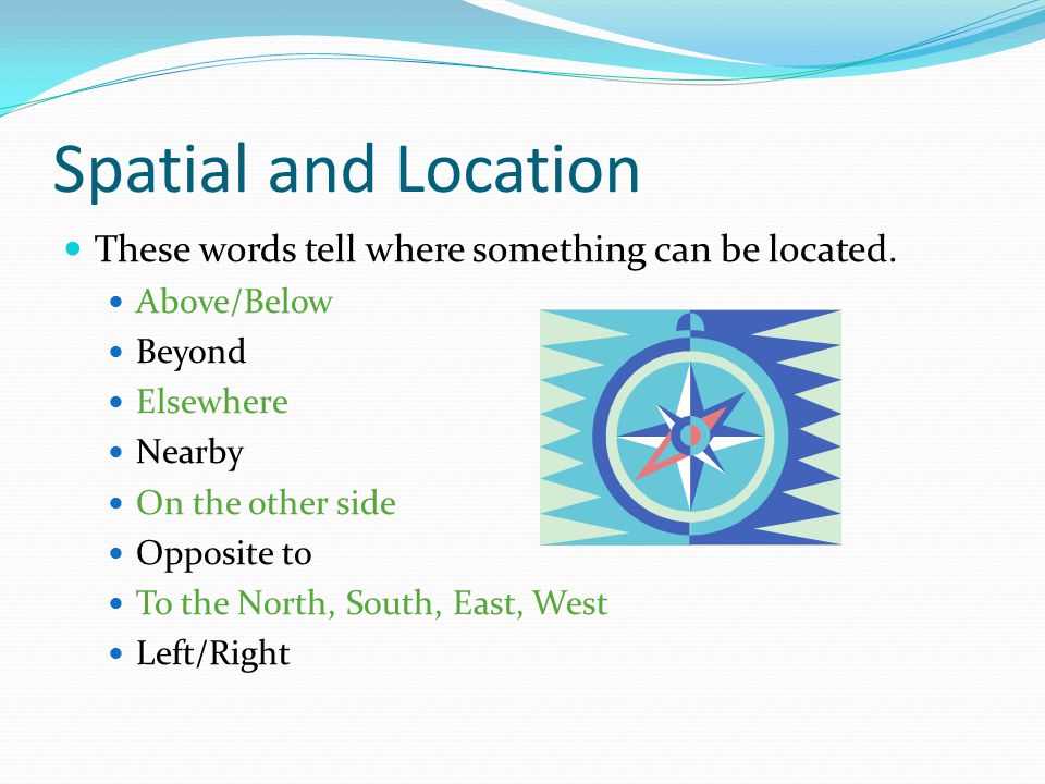 Spatial and Location These words tell where something can be located.