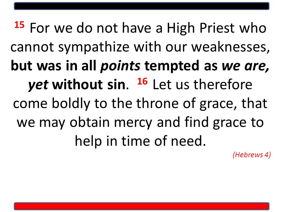 15 For we do not have a High Priest who cannot sympathize with our weaknesses, but was in all points tempted as we are, yet without sin.