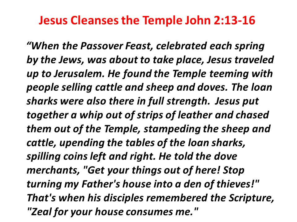 Jesus Cleanses the Temple John 2:13-16 When the Passover Feast, celebrated each spring by the Jews, was about to take place, Jesus traveled up to Jerusalem.