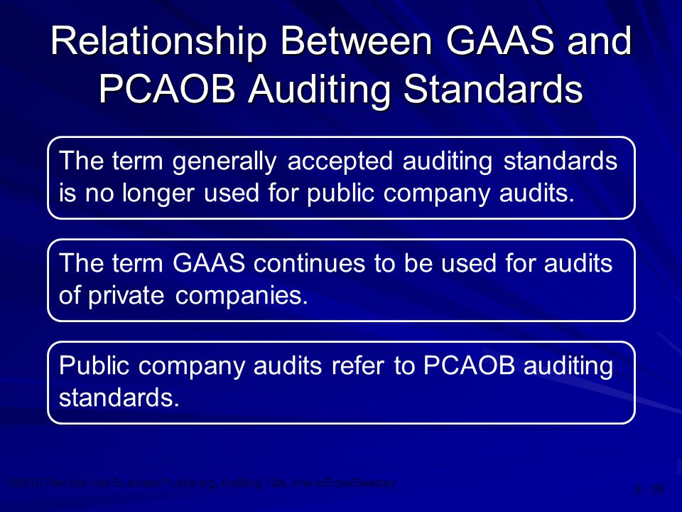 ©2010 Prentice Hall Business Publishing, Auditing 13/e, Arens/Elder/Beasley Relationship Between GAAS and PCAOB Auditing Standards The term generally accepted auditing standards is no longer used for public company audits.