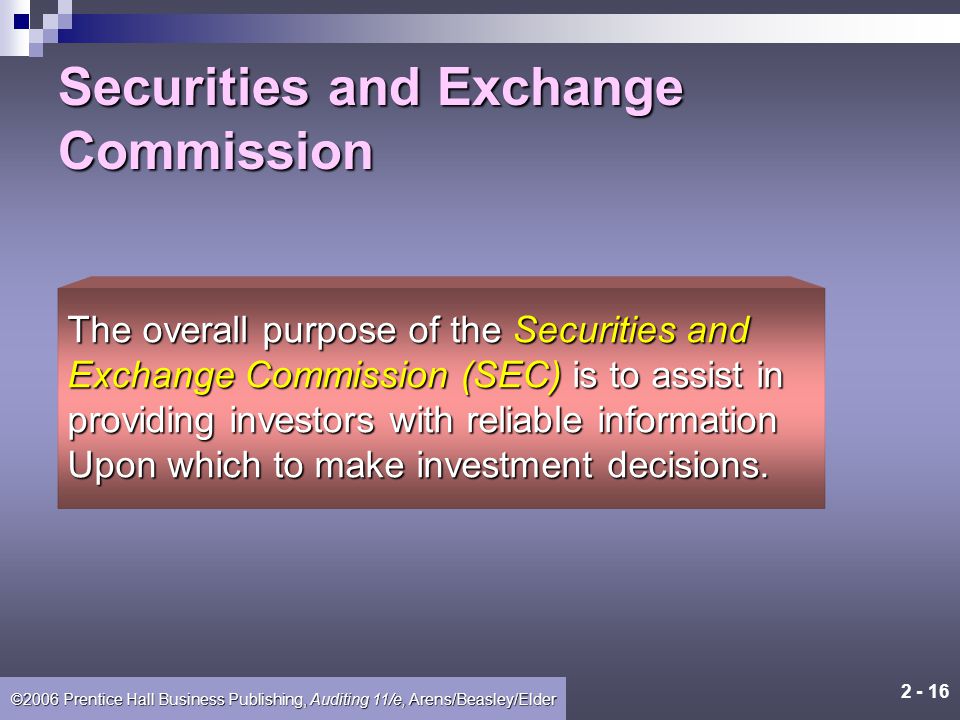 ©2006 Prentice Hall Business Publishing, Auditing 11/e, Arens/Beasley/Elder Learning Objective 3 Summarize the role of the Securities and Exchange Commission in accounting and auditing.