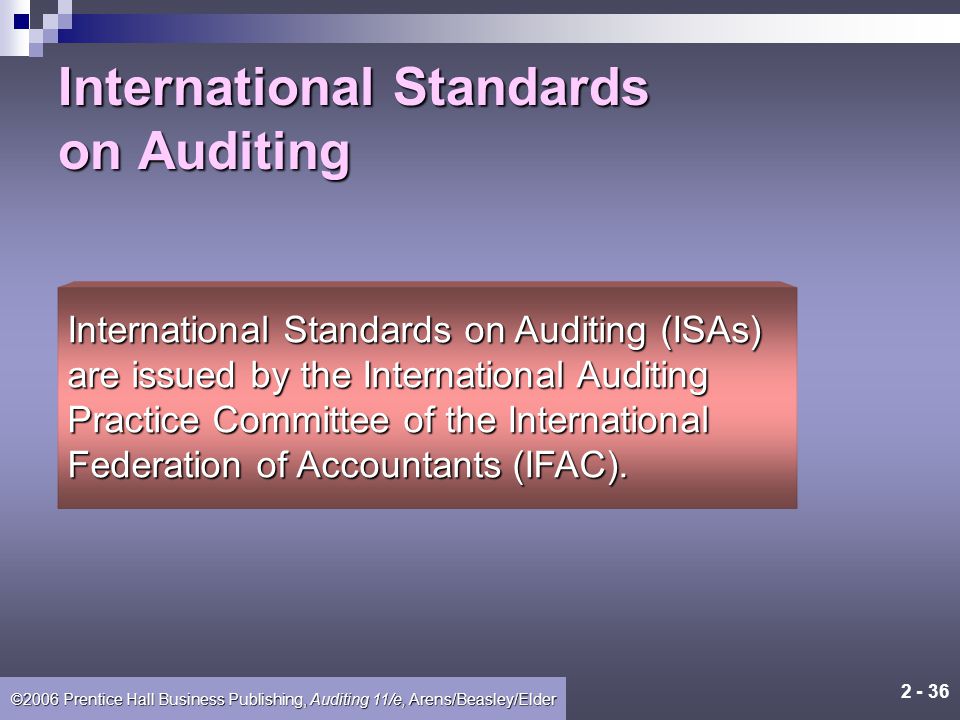 ©2006 Prentice Hall Business Publishing, Auditing 11/e, Arens/Beasley/Elder Learning Objective 6 Discuss the role of international auditing standards.