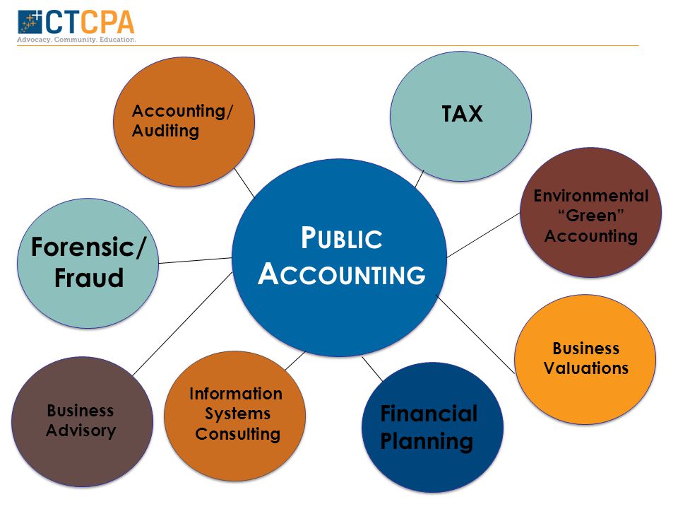P UBLIC A CCOUNTING Accounting/ Auditing TAX Forensic/ Fraud Environmental Green Accounting Information Systems Consulting Financial Planning Business Advisory Business Valuations