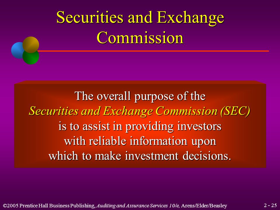 ©2005 Prentice Hall Business Publishing, Auditing and Assurance Services 10/e, Arens/Elder/Beasley Learning Objective 5 Summarize the role of the Securities and Exchange Commission in accounting and auditing.