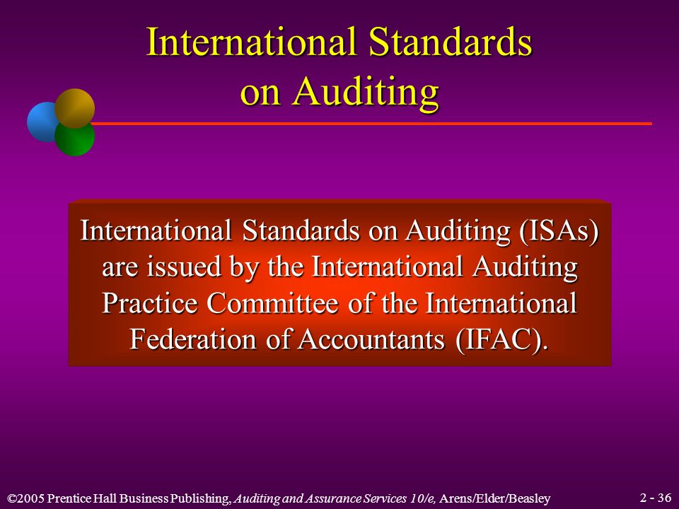 ©2005 Prentice Hall Business Publishing, Auditing and Assurance Services 10/e, Arens/Elder/Beasley Learning Objective 7 Discuss the role of international auditing standards.