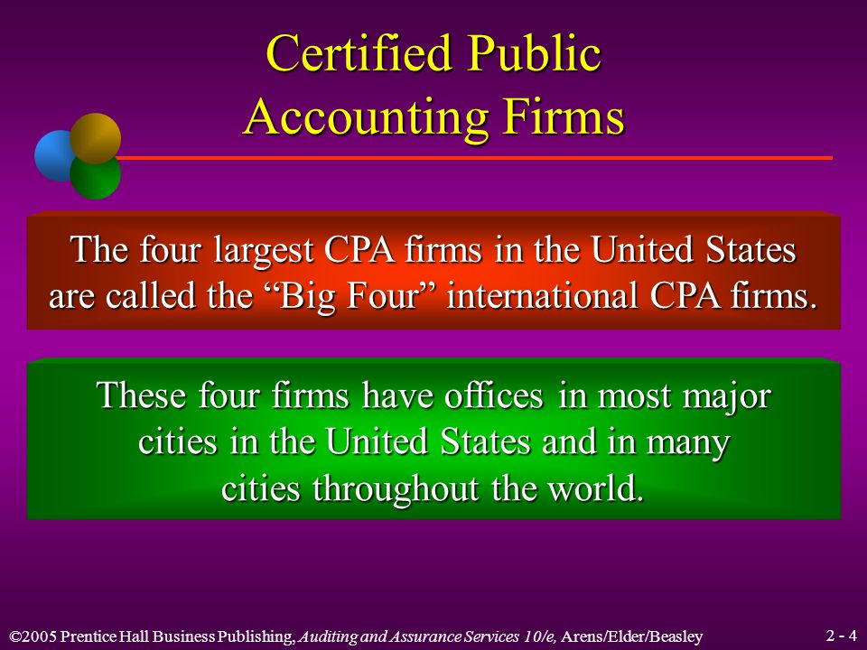 ©2005 Prentice Hall Business Publishing, Auditing and Assurance Services 10/e, Arens/Elder/Beasley Certified Public Accounting Firms The legal right to perform audits is granted to CPA firms by regulation of each state.