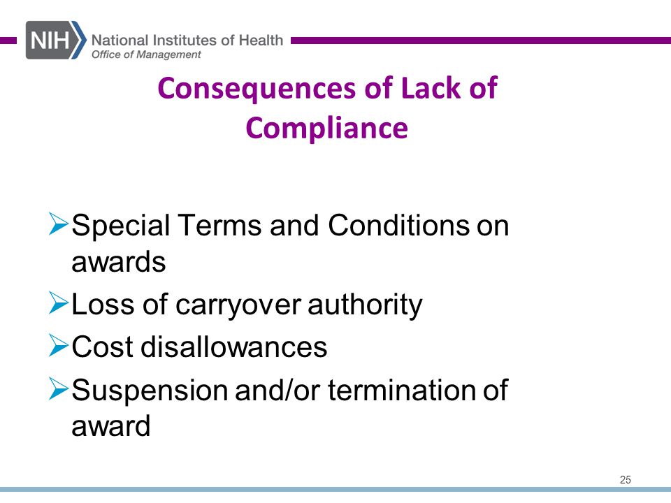 25 Consequences of Lack of Compliance  Special Terms and Conditions on awards  Loss of carryover authority  Cost disallowances  Suspension and/or termination of award