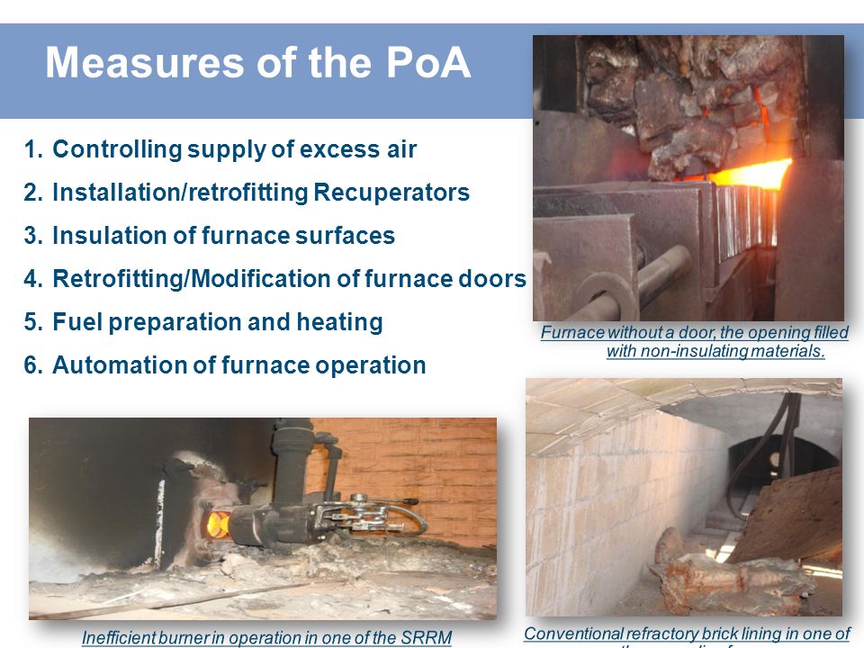 Measures of the PoA 1.Controlling supply of excess air 2.Installation/retrofitting Recuperators 3.Insulation of furnace surfaces 4.Retrofitting/Modification of furnace doors 5.Fuel preparation and heating 6.Automation of furnace operation