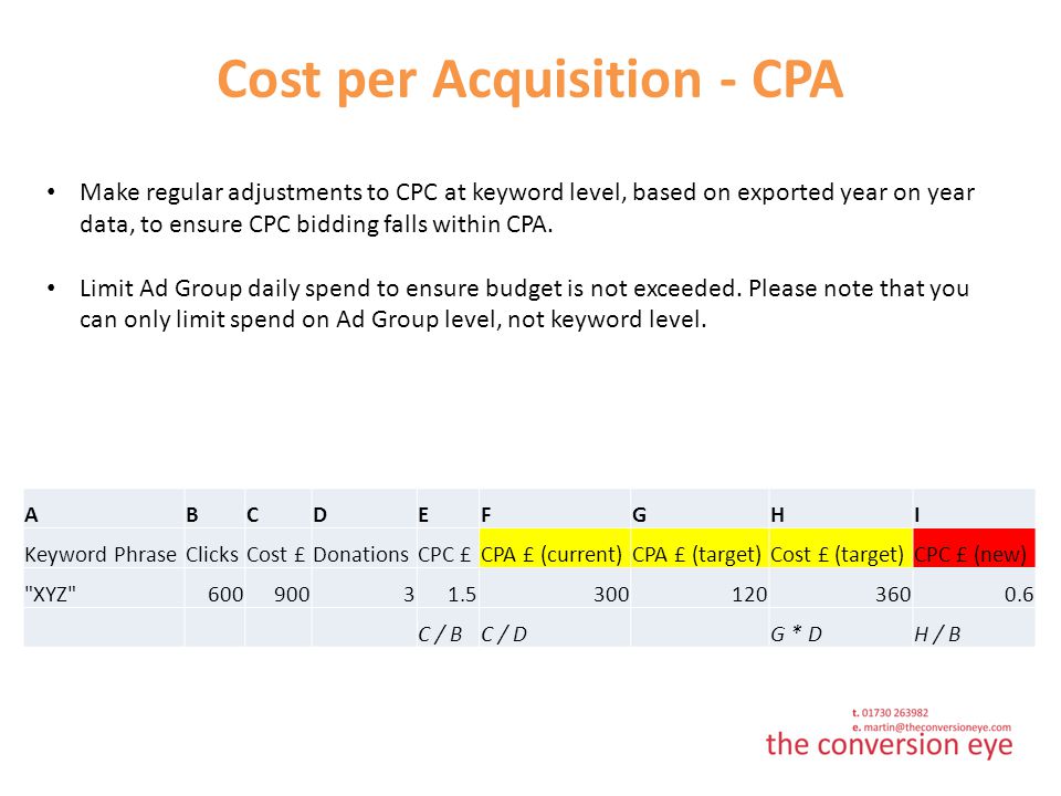 Cost per Acquisition - CPA Make regular adjustments to CPC at keyword level, based on exported year on year data, to ensure CPC bidding falls within CPA.