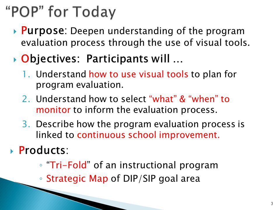  Purpose: Deepen understanding of the program evaluation process through the use of visual tools.