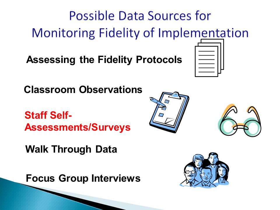 Assessing the Fidelity Protocols Classroom Observations Staff Self- Assessments/Surveys Walk Through Data Focus Group Interviews
